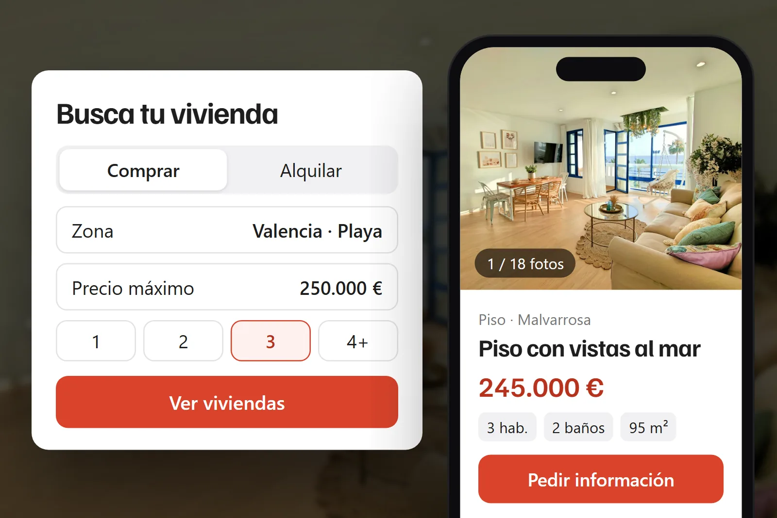 Buscador de viviendas con filtros de zona, precio y habitaciones junto a la ficha de un piso en el móvil