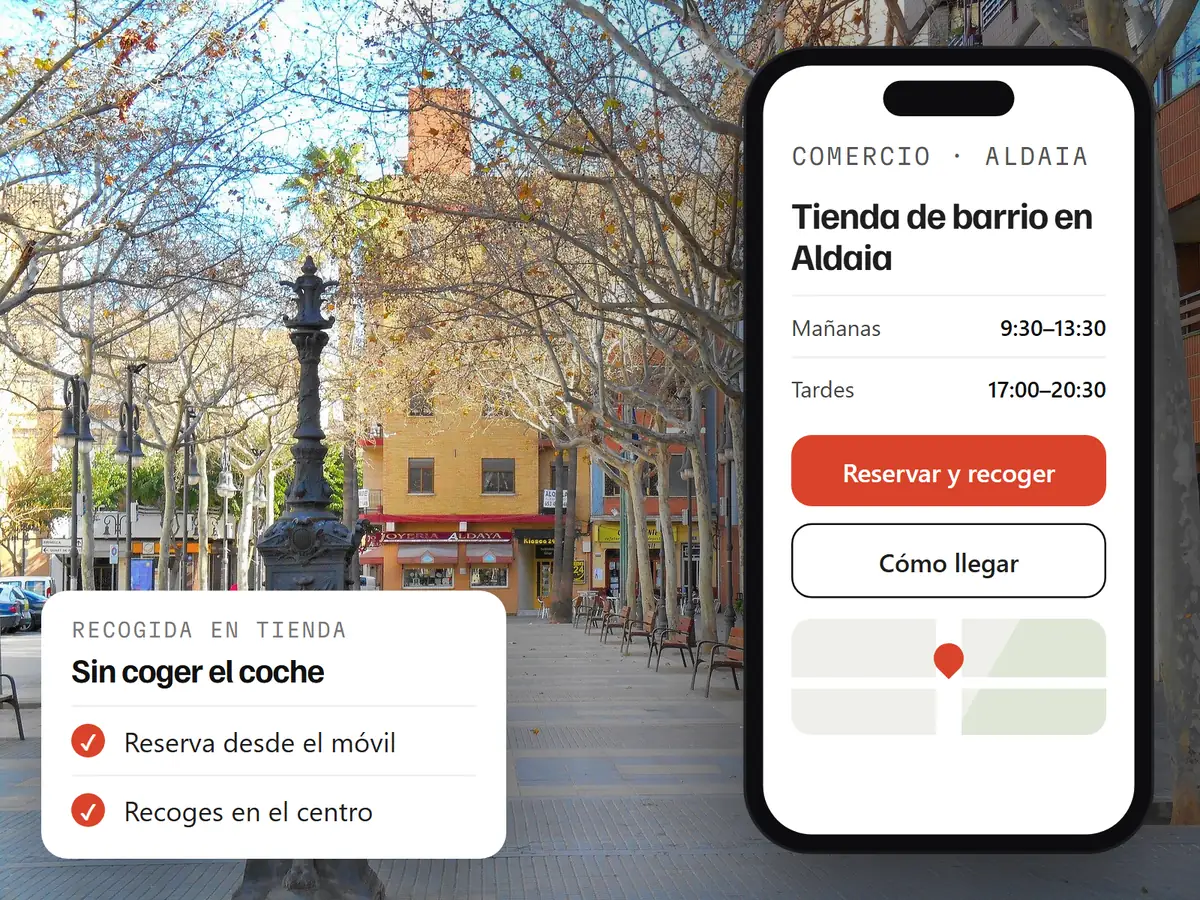 Plaza de la Constitución de Aldaia con sus farolas y árboles, y la web de un comercio en el móvil con horario y botón para reservar