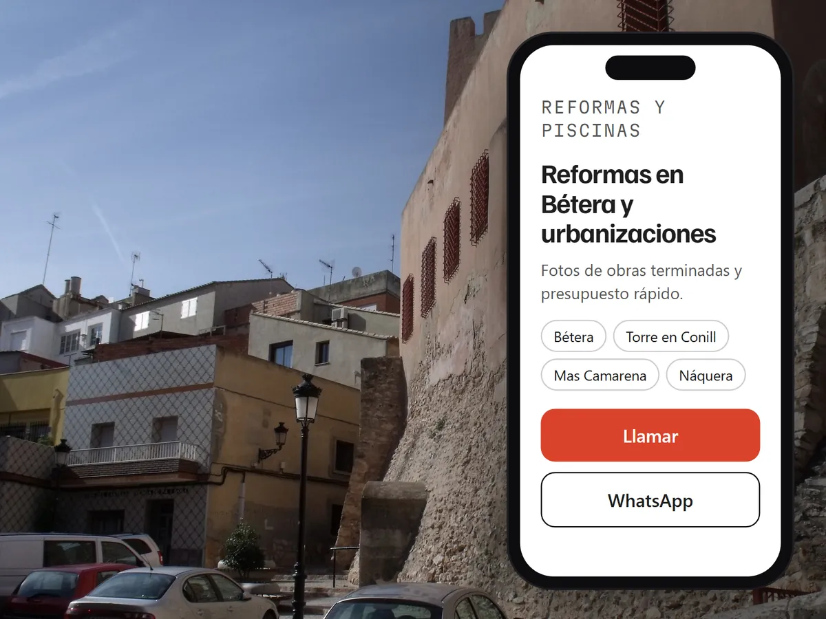 Castillo de Bétera y una web de reformas en el móvil con su zona de servicio y botón de llamada