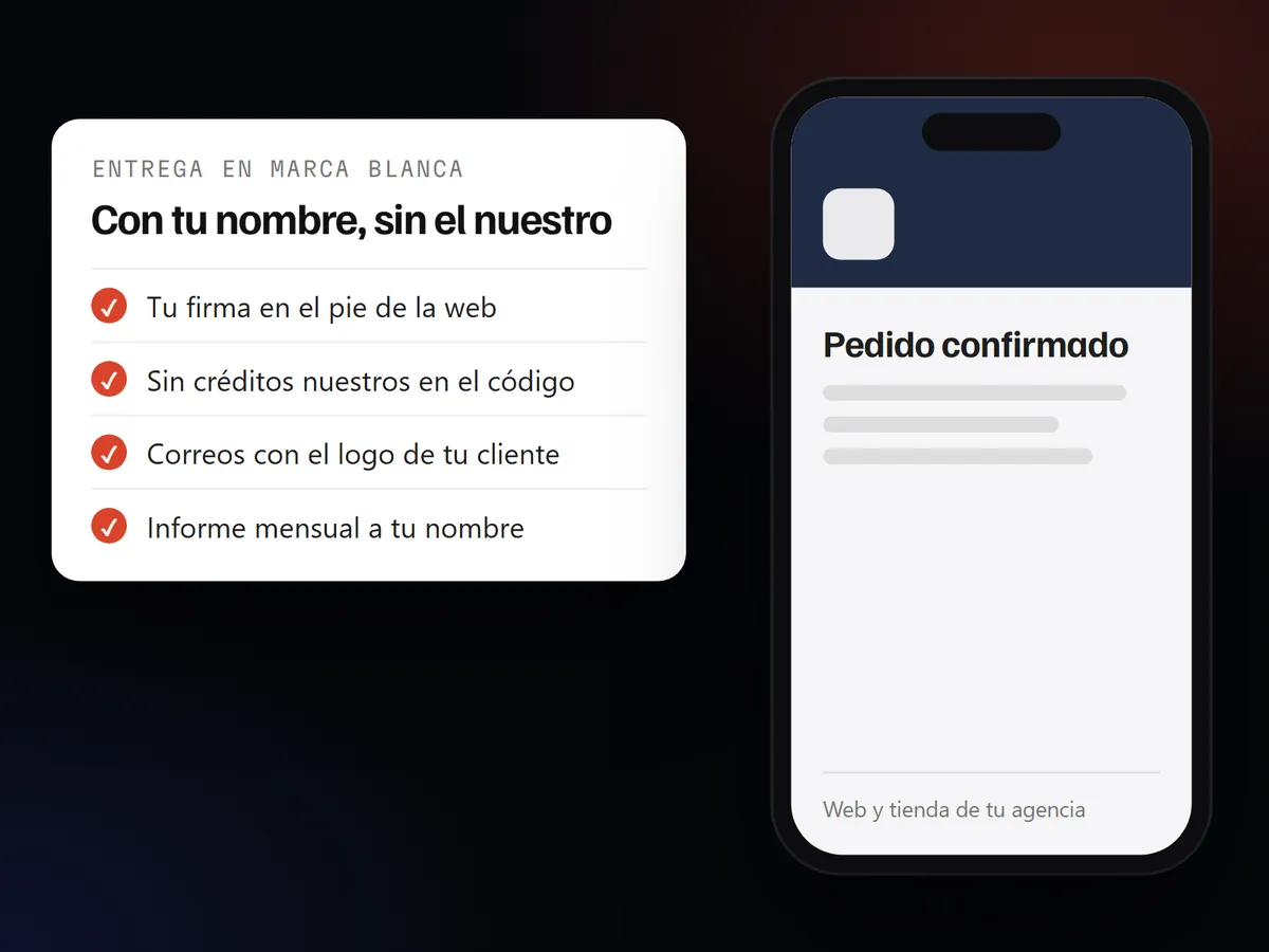 Diseño web en marca blanca: entrega con la firma de tu agencia y correo de pedido con la marca de tu cliente