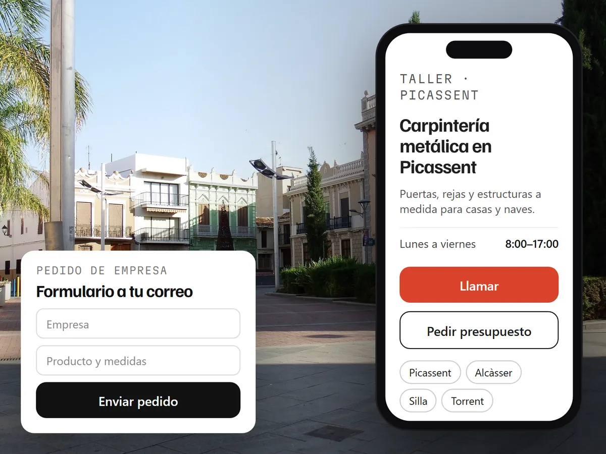 Plaza del centro de Picassent y la web de un negocio del pueblo en el móvil con botón de llamada y formulario de pedido