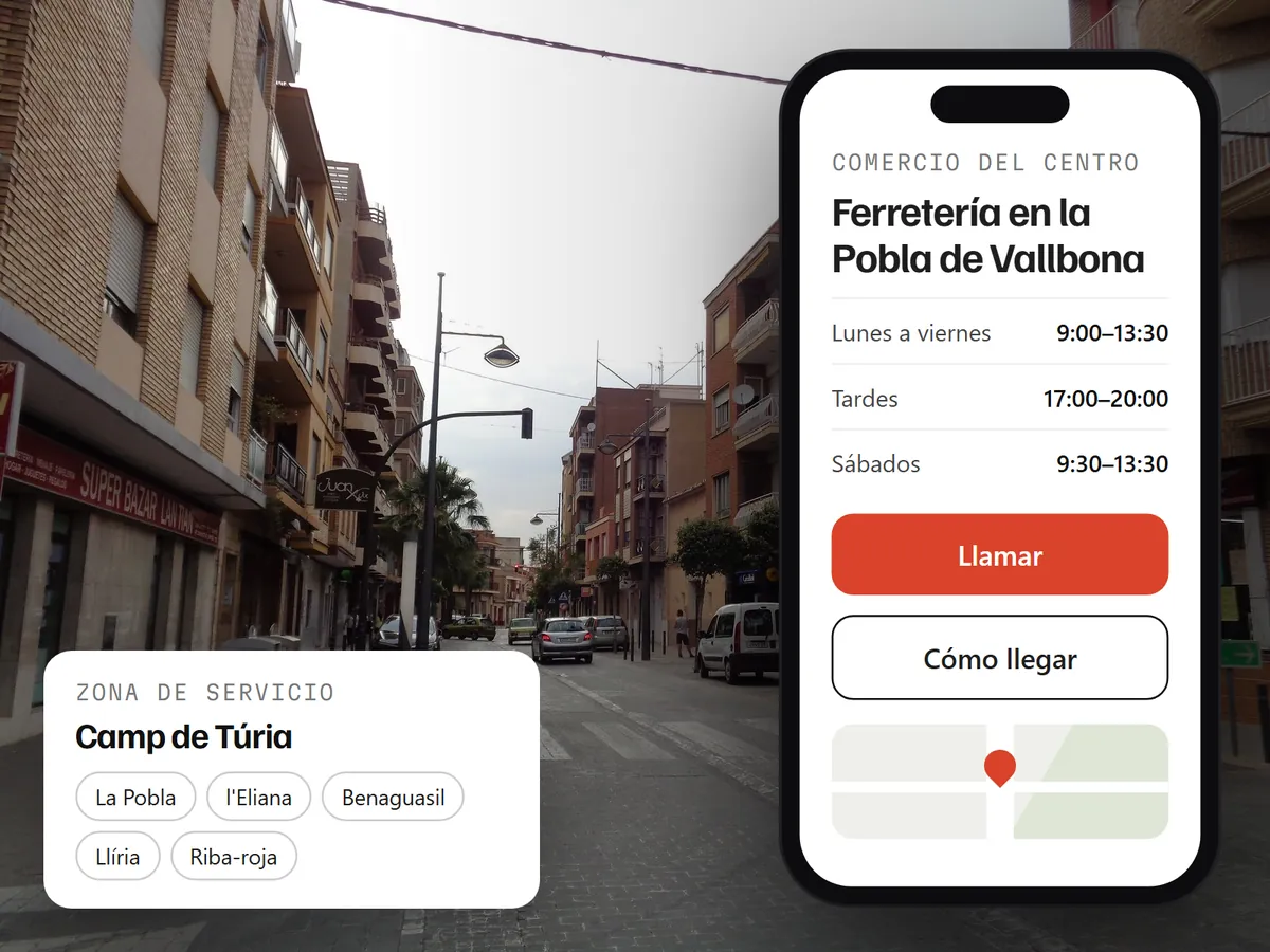 Calle Poeta Llorente de la Pobla de Vallbona y la web de un comercio en el móvil con horario, botón de llamada y mapa