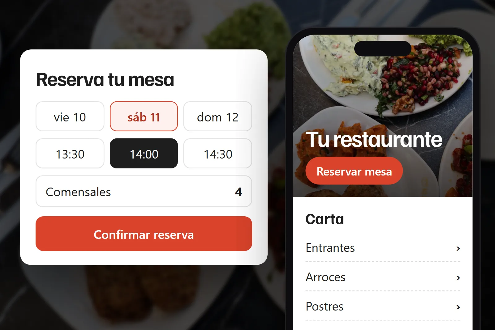 Web de restaurante en el móvil con la carta y una reserva de mesa por día, hora y comensales