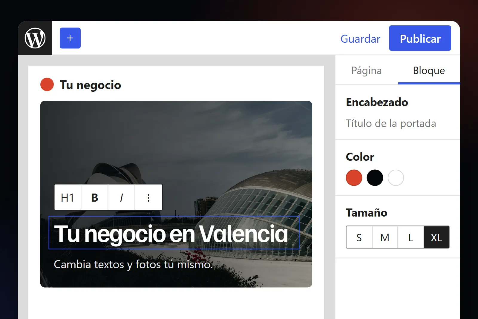 Editor de bloques de WordPress con la portada de una web de negocio de Valencia lista para editar