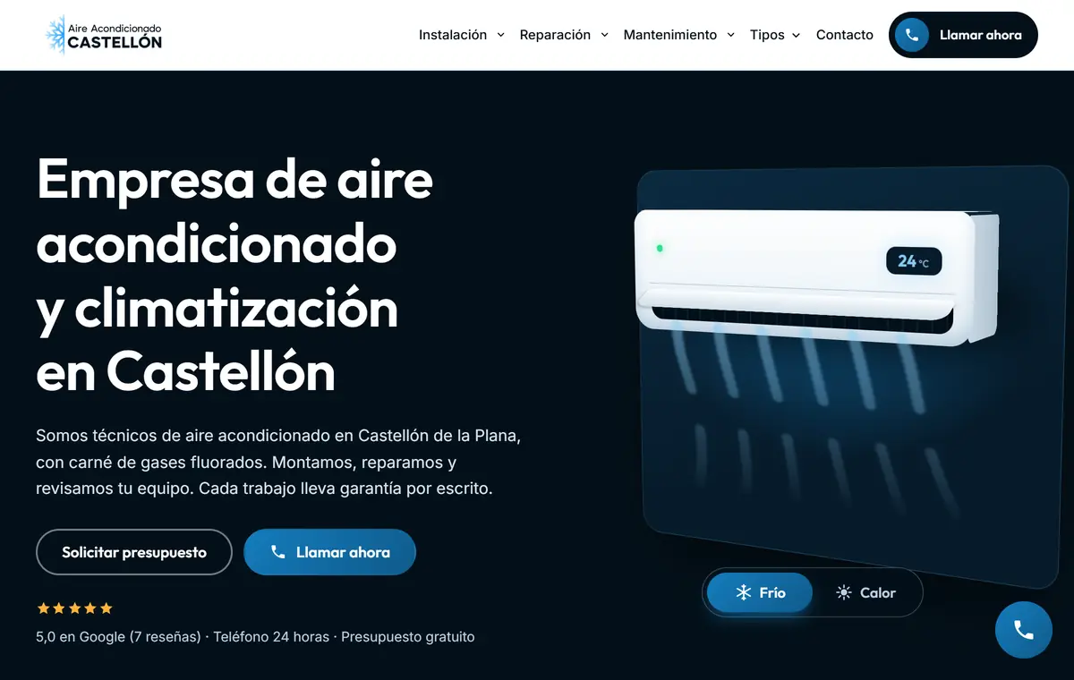 Portada de la web de una empresa de aire acondicionado