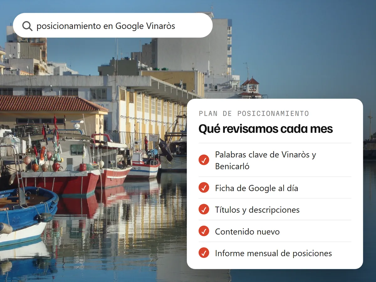 Puerto pesquero de Vinaròs con la lista de lo que revisamos cada mes en el posicionamiento en Google