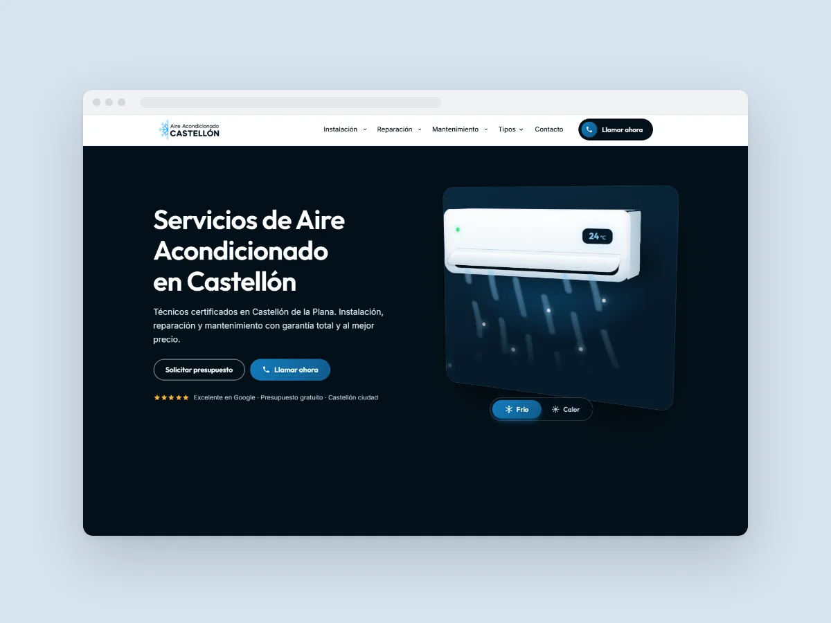 Portada de la web de Aire Acondicionado Castellón dentro de un marco de navegador sobre fondo azul claro