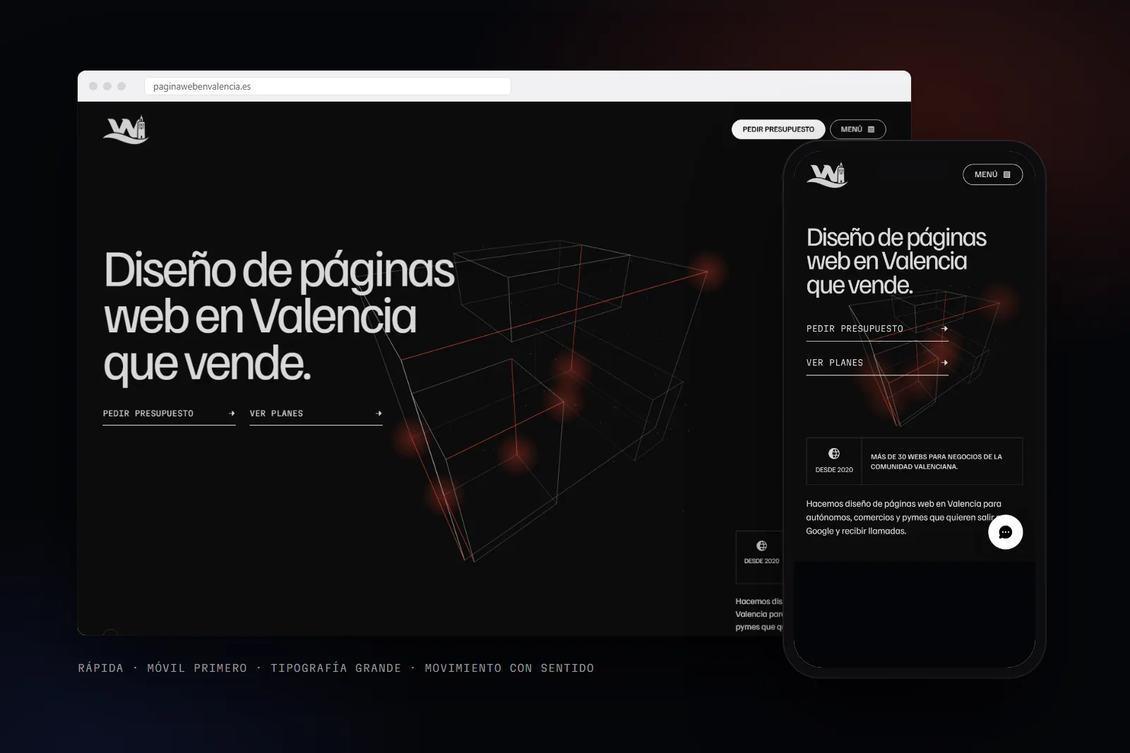 Web con tipografía grande, fondo oscuro y versión móvil, un ejemplo de las tendencias de 2026